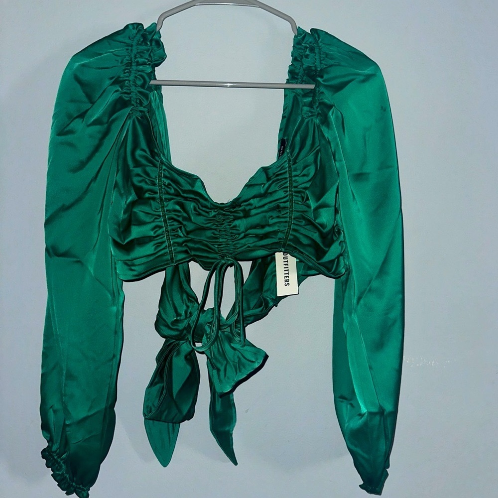 Urban Outfitters Cropped Puff Sleeve Emerald Green Blouse